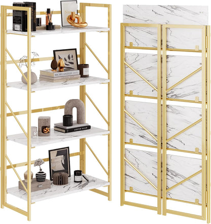 JSB No Assembly Folding Bookshelf, 4 Tier Industrial Metal Book Shelf for Storage, Vintage Wood Foldable Bookcase for Living Room, Bedroom, Office Organization Shelves — White&gold / Flat Tube 4-Tier