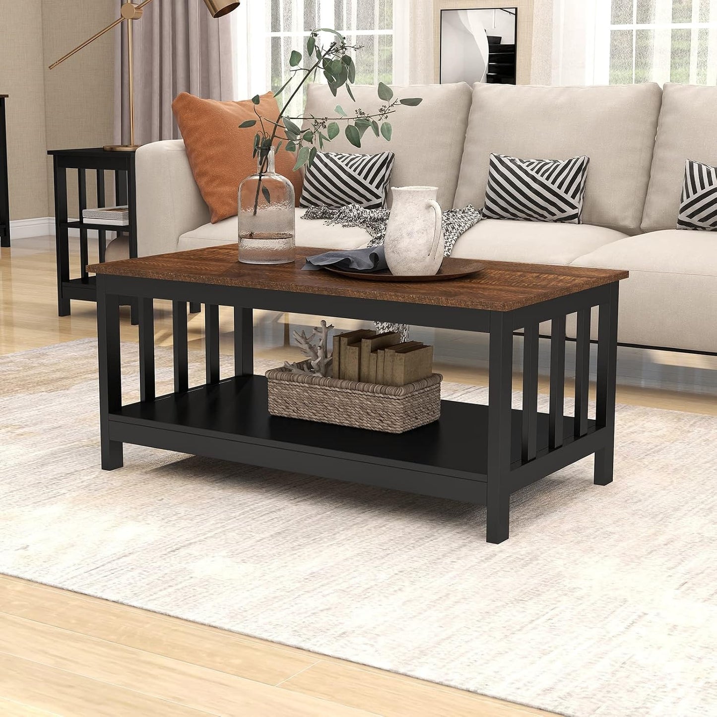 ChooChoo Mission Coffee Table, Black Wood Living Room Table with Shelf, 40 Black — Espresso / 22"D x 39.9"W x 18.1"H