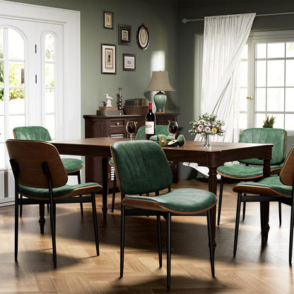 YaFiti Mid Century Dining Chairs Set of 4 with Walnut Bentwood, Greige | Ergonomic Walnut Backrest, Upholstered Waterproof PU Leather Seat, Stable Metal Legs, Adjustable Footpads, Apartment Friendly — Green Scallop / 6