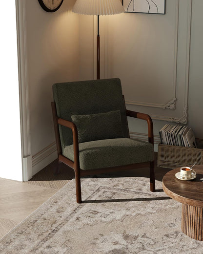 Garvee Mid-Century Chenille Accent Chair, Cozy Reading Chair, Modern Lounge Armchair with Lumbar Pillow, Solid Wood Frame, for Living Room, Bedroom, Office, Beige — Green-sherpa / 1 Pack