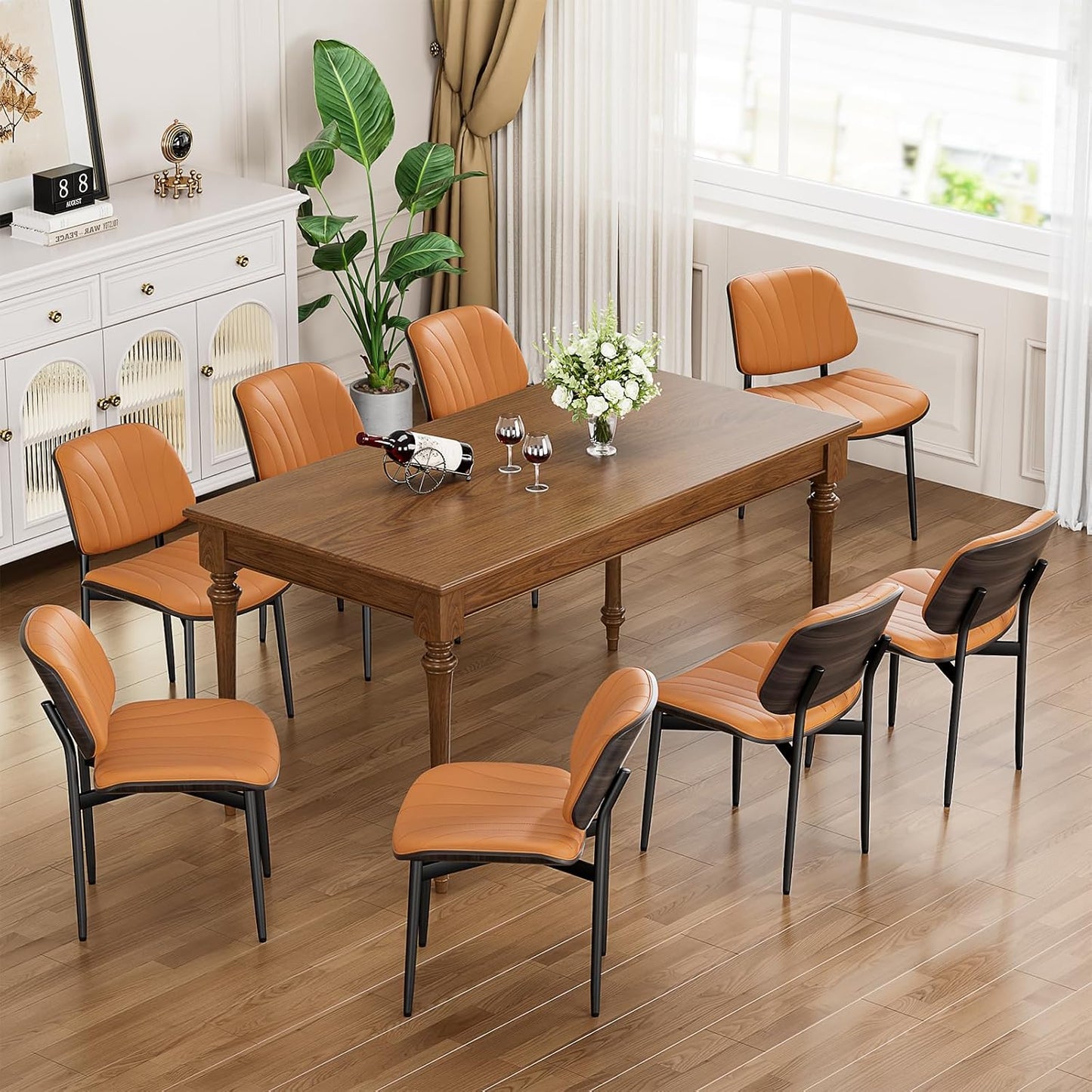 YaFiti Mid Century Dining Chairs Set of 4 with Walnut Bentwood, Greige | Ergonomic Walnut Backrest, Upholstered Waterproof PU Leather Seat, Stable Metal Legs, Adjustable Footpads, Apartment Friendly — Orange Scallop / 8