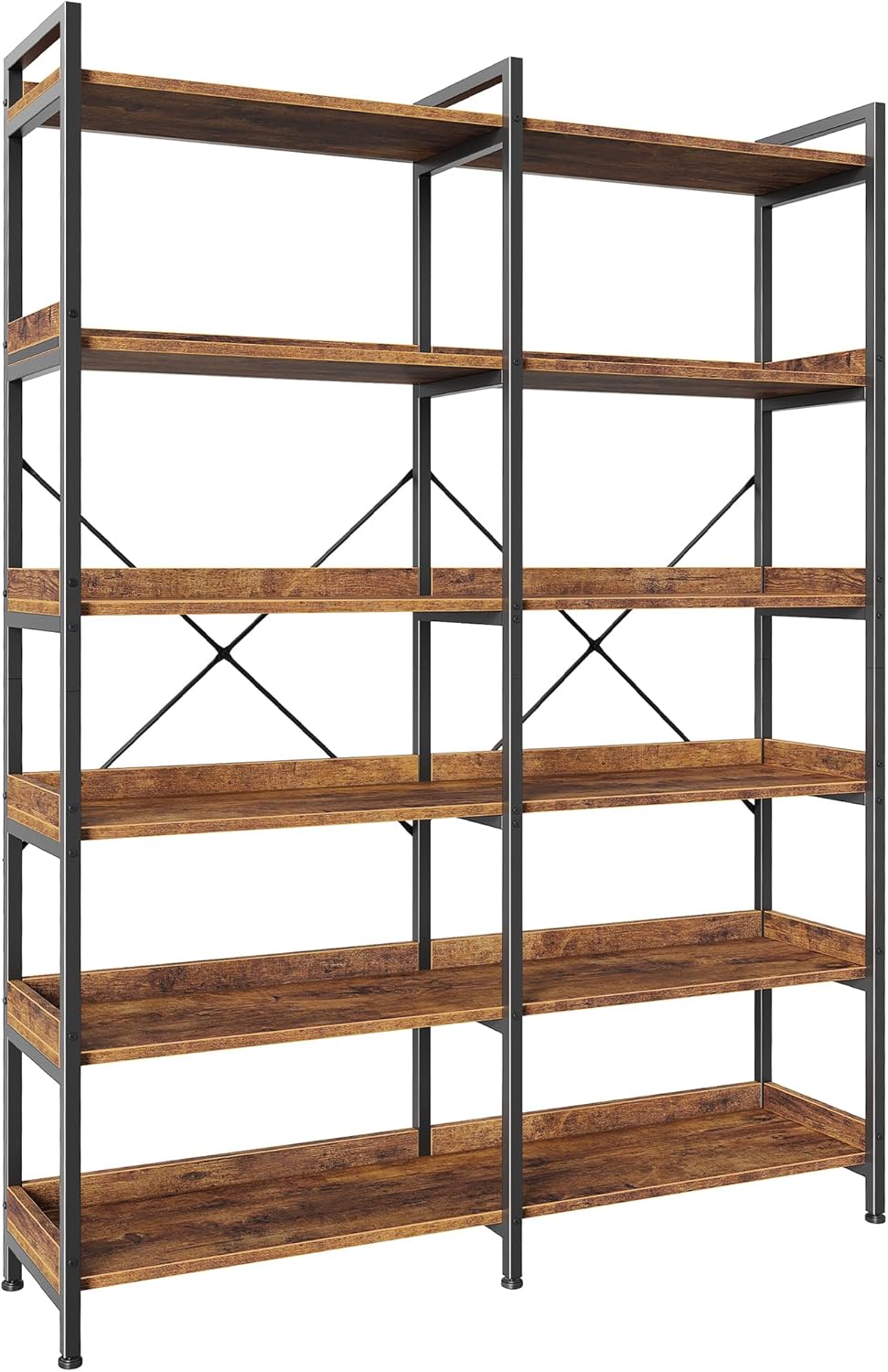Huuger 5 Tier Bookshelf, Display Bookshelf with 10 Open Shelves and Raised Baffle, 47.2 Inch Straight Wide Bookcase with Metal Frame and Wooden Board, Adjustable Feet, Rustic Brown — 6 Tier / Rustic Brown