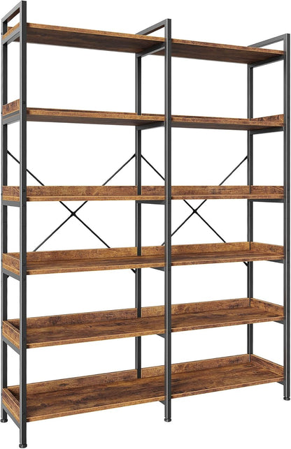 Huuger 5 Tier Bookshelf, Display Bookshelf with 10 Open Shelves and Raised Baffle, 47.2 Inch Straight Wide Bookcase with Metal Frame and Wooden Board, Adjustable Feet, Rustic Brown — 6 Tier / Rustic Brown