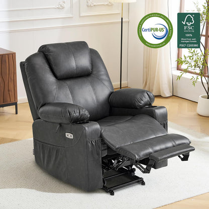 MCombo Electric Power Lift Recliner Chair Sofa with Massage and Heat for Elderly, 3 Positions, 2 Side Pockets, and Cup Holders, USB Ports, Faux Leather 7040 (Grey, Medium) — Medium / Grey (4)