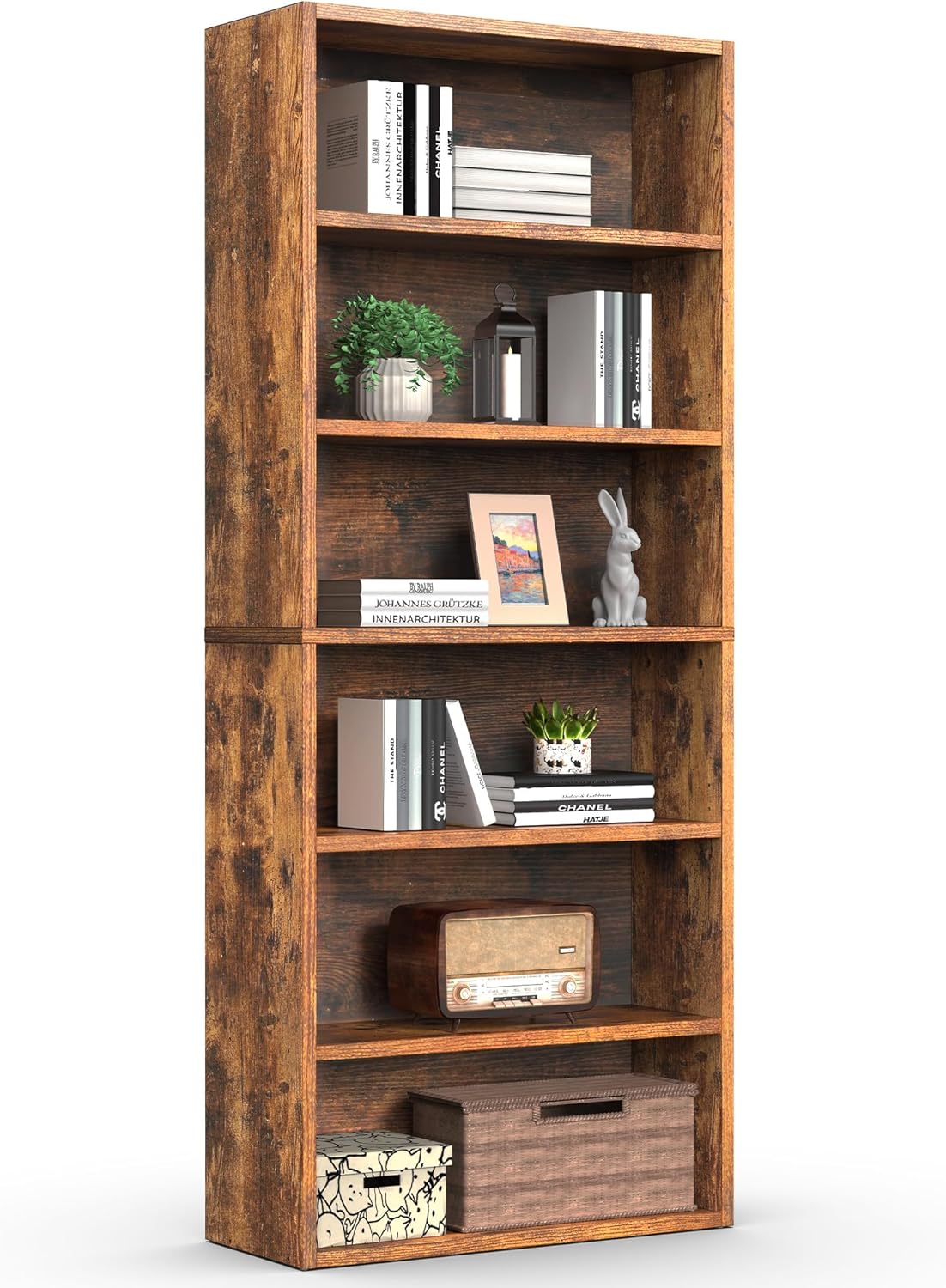 Sweetcrispy 5 Shelf Bookcase Open Display Bookshelf Storage Organizer | 53 Inches Tall Book Shelf Floor Standing Corner Unit, Living Room, Home Office, Kitchen, Bedroom, Rustic Brown Wood — Brown / 6 Shelf