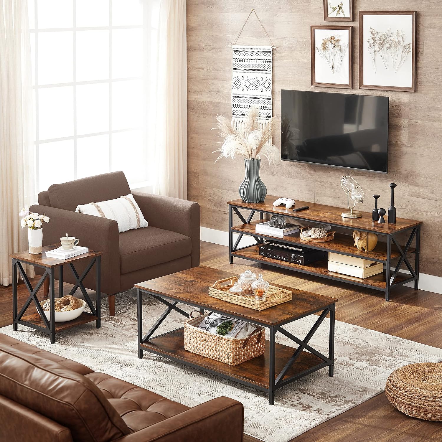 VASAGLE Coffee Table, Cocktail Table with Storage Shelf and X-Shape Steel Frame, Industrial Farmhouse Style, 39.4 x 21.7 x 17.7 Inches, Rustic Brown and Black ULCT200B01V1 — Rustic Brown + Black (5)