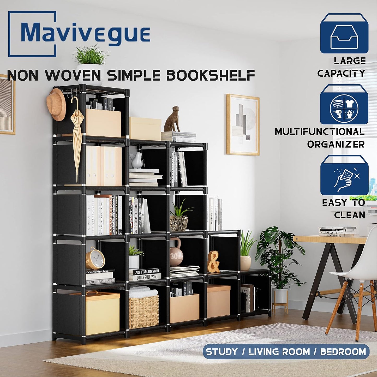 Mavivegue Bookcase, 18-Cube Extra Large Book Shelf, DIY Cube Storage Organizer for Bedroom, Living Room, Home Office - Black — Black / 18-Grid (9)