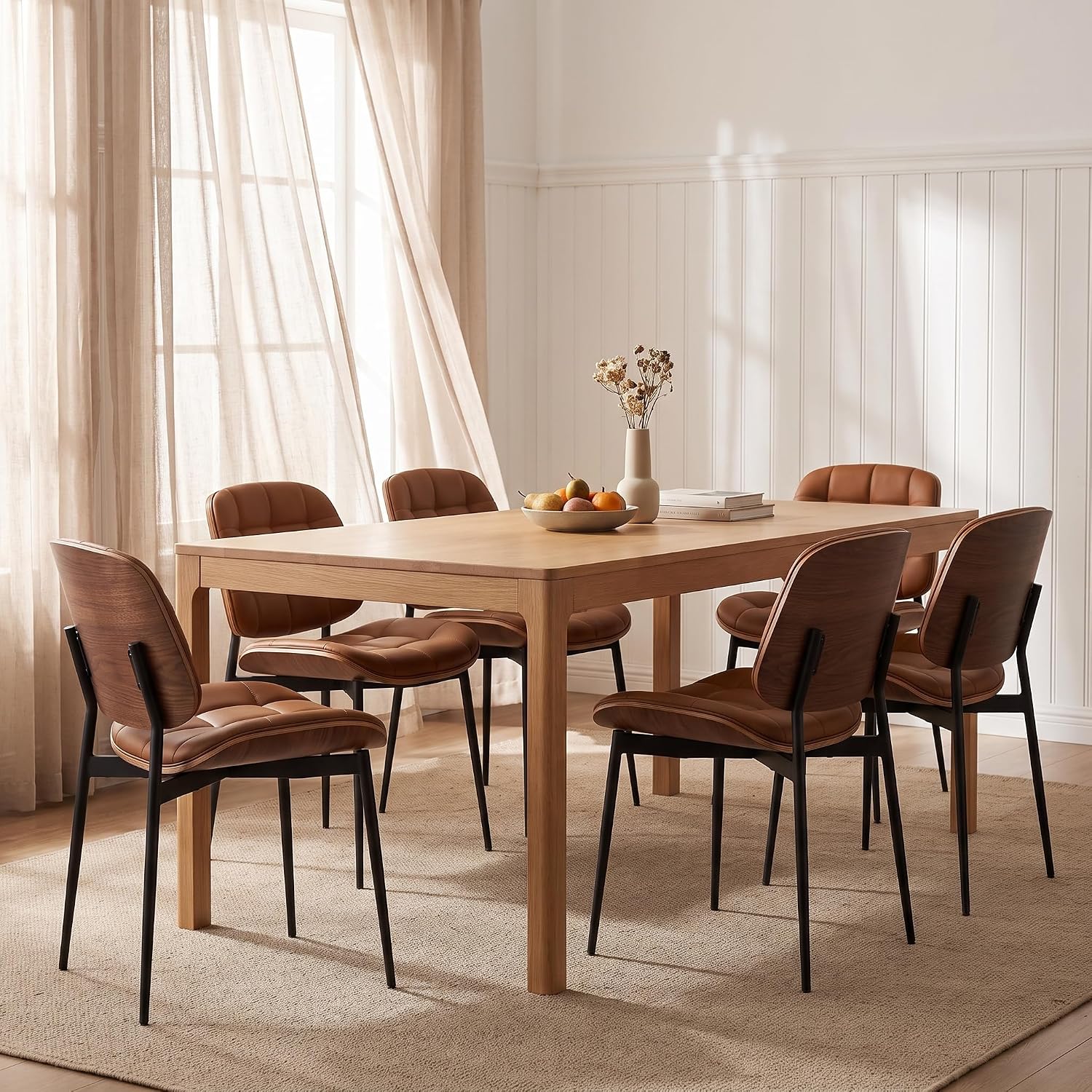 GrandNoor Mid Century Modern Dining Chairs with Walnut Grain Back, Brown Faux Leather Dining Room Chairs Set of 2, Checkered Soft Cushion Kitchen Chairs with Adjustable Foot Pads — A-brown / Set of 2 (8)