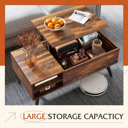 WLIVE Coffee Table with Lifting Top, Hidden Storage & Adjustable Shelf for Living Room Small Space, Multifunctional Rising Wooden Center Table, Mid Century Modern Tables for Home Dining Office, Brown — Rustic Brown / 39.4"W x 19.7"D x 16.9"H (4)
