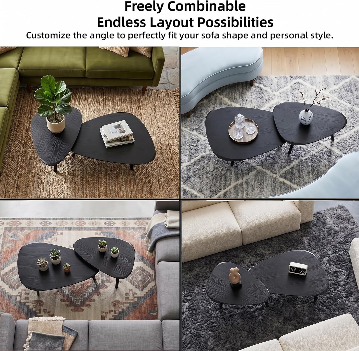 Nesting Coffee Table Set of 2-Mid Century Modern Coffee Table | Guitar Pick Stacking Tables with Solid Wood Legs,Small Coffee Tables for Small spaces,Living Room,Balcony — Black (8)