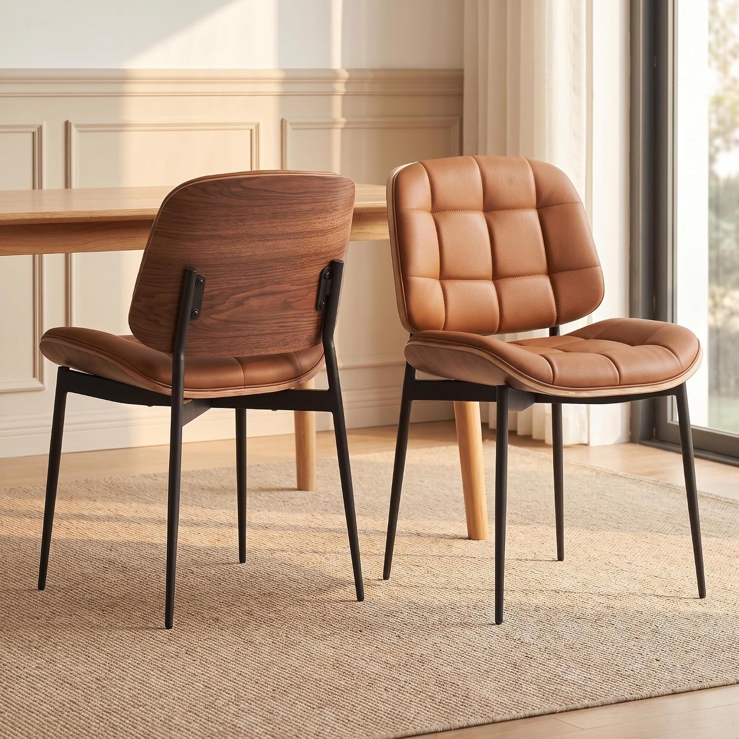 GrandNoor Mid Century Modern Dining Chairs with Walnut Grain Back, Brown Faux Leather Dining Room Chairs Set of 2, Checkered Soft Cushion Kitchen Chairs with Adjustable Foot Pads — A-brown / Set of 2