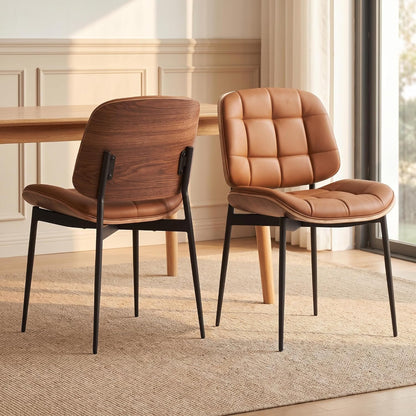 GrandNoor Mid Century Modern Dining Chairs with Walnut Grain Back, Brown Faux Leather Dining Room Chairs Set of 2, Checkered Soft Cushion Kitchen Chairs with Adjustable Foot Pads — A-brown / Set of 2