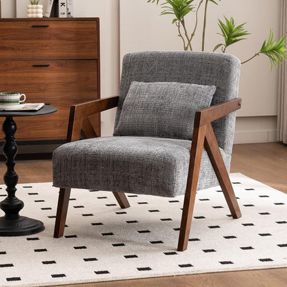 Mid-Century Modern Accent Chair with Solid Wood Frame，Upholstered Chenille Living Room Arm Chairs with Pillow for Bedroom, Living Room, Balcony, Reading Room, Green — 1 / Grey