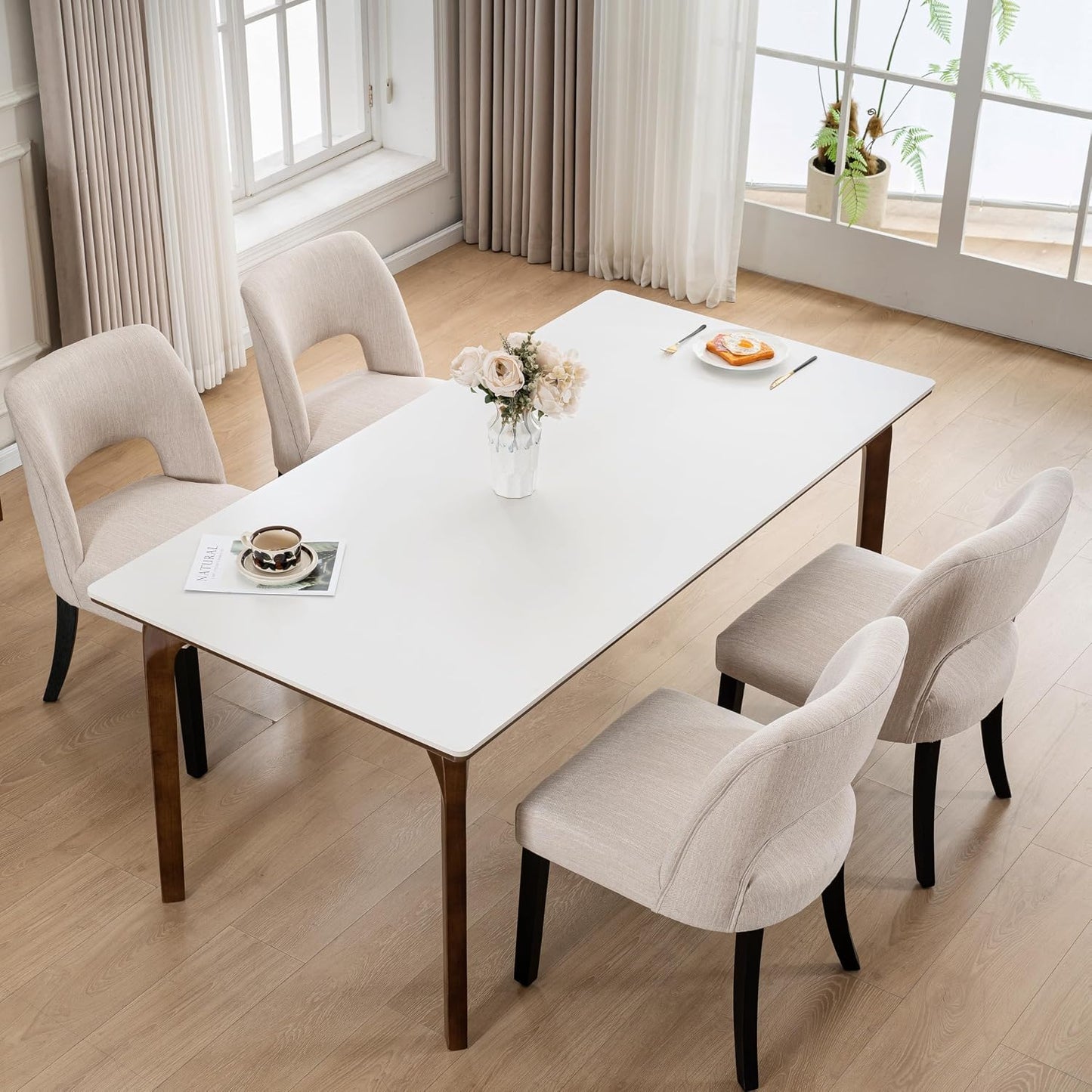 VKNOW Dining Chairs Set of 4, Fabric Dining Chairs, Green | Modern Mid-Century Upholstered Farmhouse Dinner Chair for Kitchen Dining Room Restaurant, Easy Assembly — Beige-black Legs / Set of 4