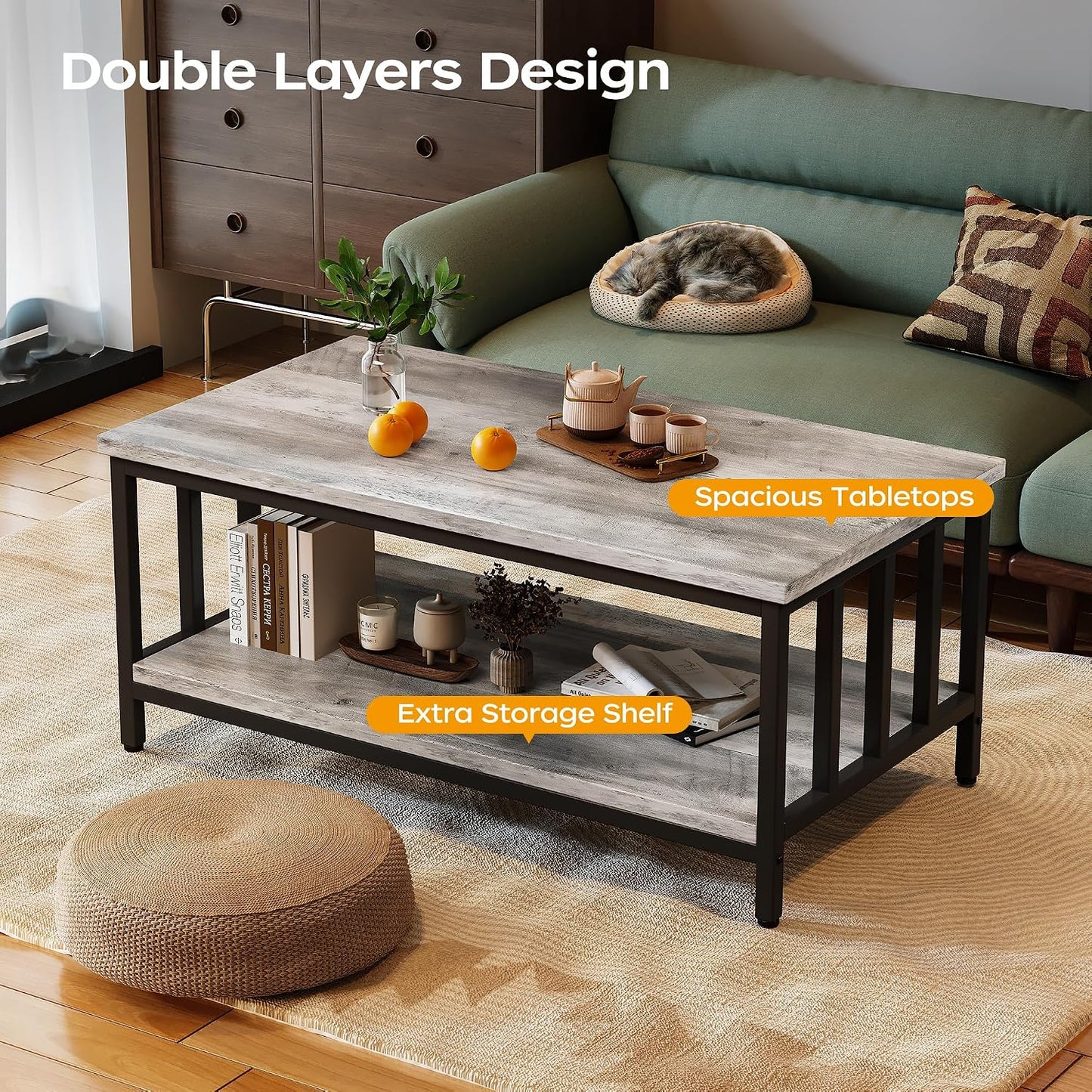 Homeiju Coffee Table for Living Room with Slatted Sides Frame, Modern Farmhouse Living Room Table with 2-Tier Storage Shelf for Home Office, Apartment, Grey Wash, 39 inch — 39.4L*21.6W*18.1H / Grey Wash (5)