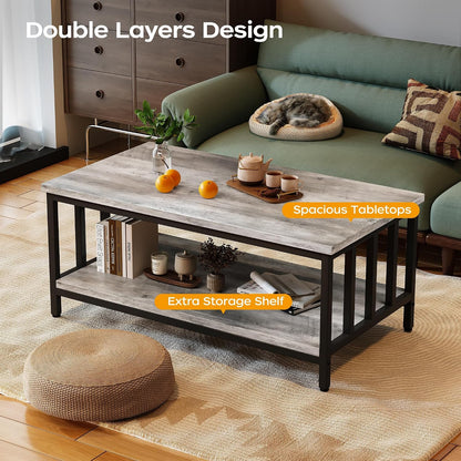 Homeiju Coffee Table for Living Room with Slatted Sides Frame, Modern Farmhouse Living Room Table with 2-Tier Storage Shelf for Home Office, Apartment, Grey Wash, 39 inch — 39.4L*21.6W*18.1H / Grey Wash (5)