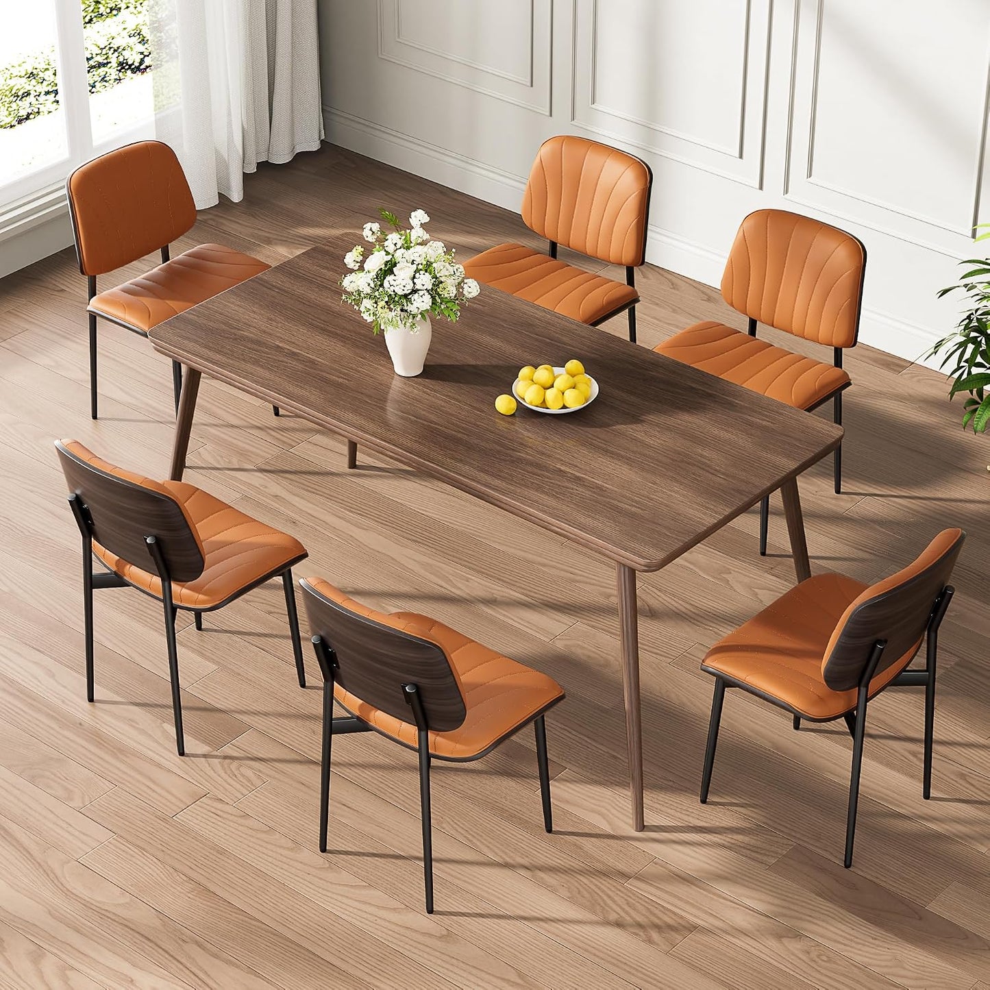 Dining Chairs Set of 4, Mid-Century Modern Upholstered PU Leather Chairs | with Walnut Bentwood Back and Metal Legs Adjustable Feet for Kitchen Dining Room, Black Shell Strips — Orange Shell Strips / 6