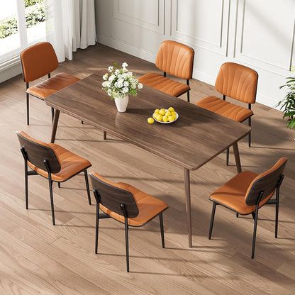 Dining Chairs Set of 4, Mid-Century Modern Upholstered PU Leather Chairs | with Walnut Bentwood Back and Metal Legs Adjustable Feet for Kitchen Dining Room, Black Shell Strips — Orange Shell Strips / 6