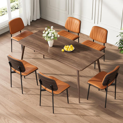 Dining Chairs Set of 4, Mid-Century Modern Upholstered PU Leather Chairs | with Walnut Bentwood Back and Metal Legs Adjustable Feet for Kitchen Dining Room, Camel Shell Strips — Orange Shell Strips / 6