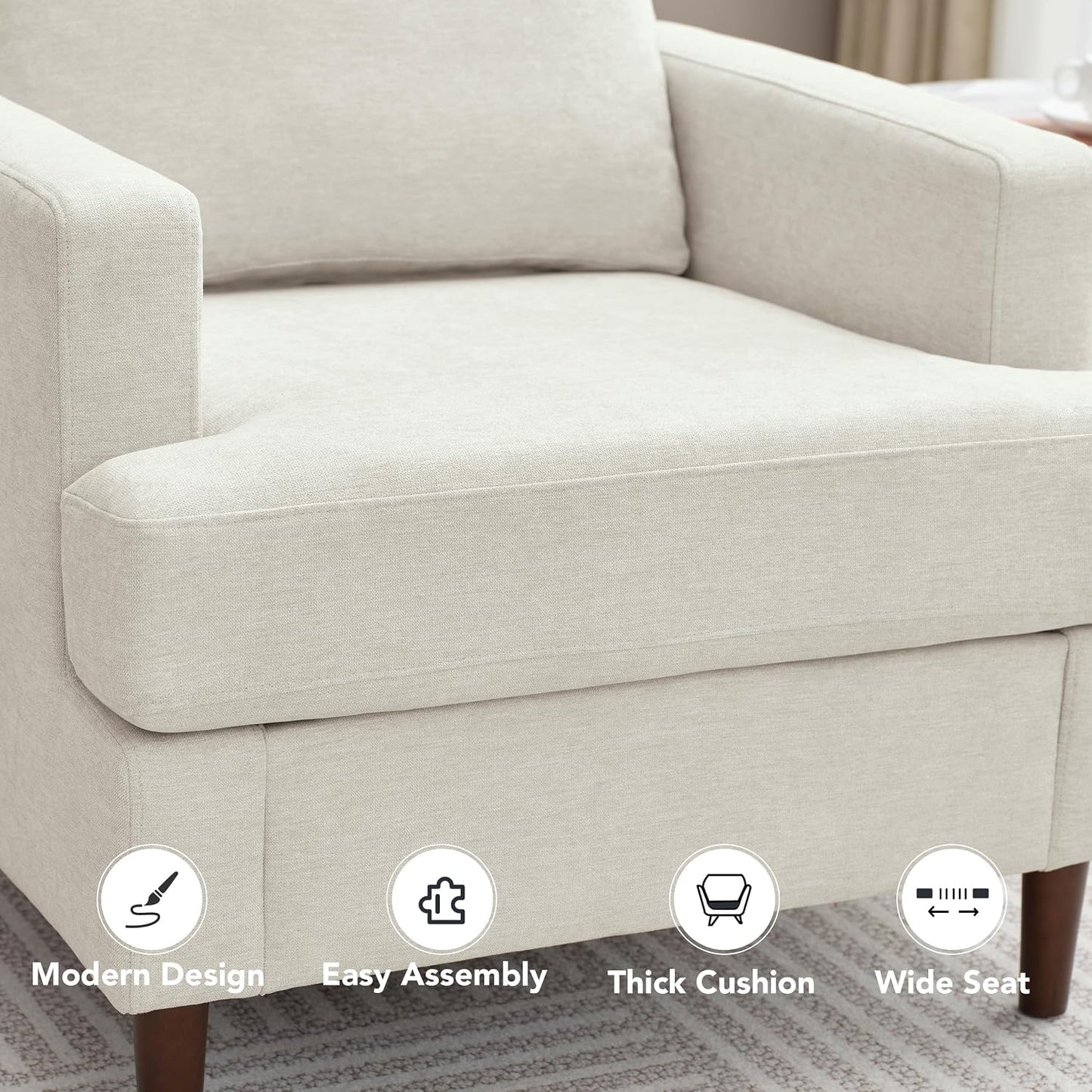 Weture Mid-Century Accent Chair,Modern Linen Fabric Armchair for Living Room,Comfy Upholstered Reading Accent Chairs for Bedroom,Single Sofa Chair with Wood Legs (Beige, 1 Pack) — Beige / 1 Pack (3)