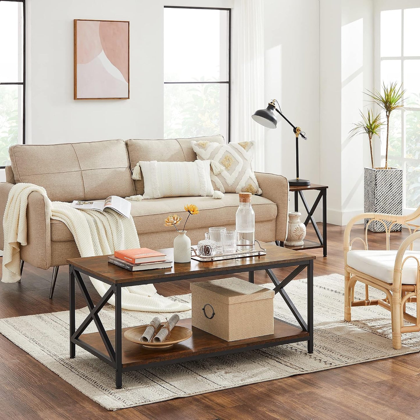 VASAGLE Coffee Table, Cocktail Table with Storage Shelf and X-Shape Steel Frame, Industrial Farmhouse Style, 39.4 x 21.7 x 17.7 Inches, Rustic Brown and Black ULCT200B01V1 — Rustic Brown + Black (4)