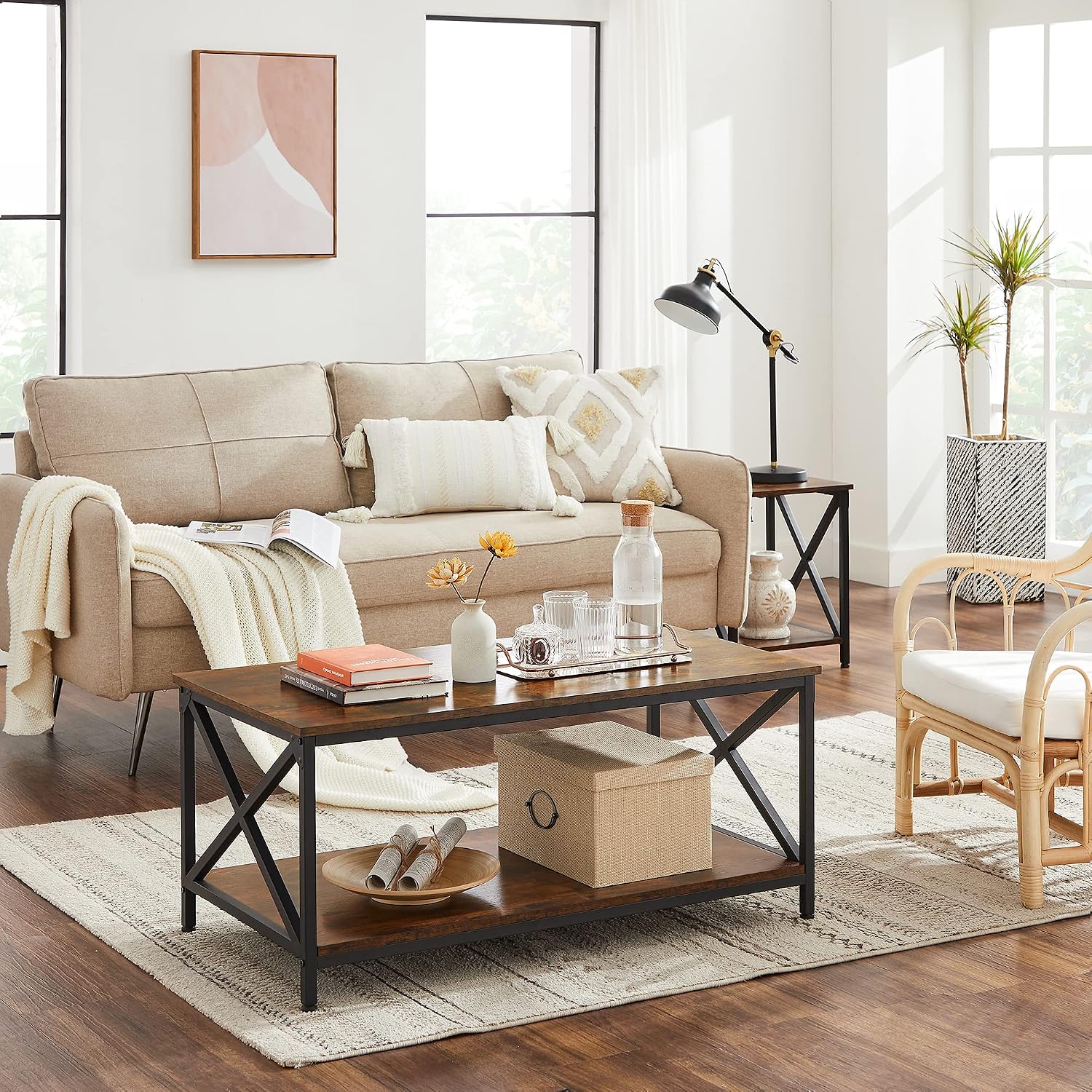 VASAGLE Coffee Table, Cocktail Table with Storage Shelf and X-Shape Steel Frame, Industrial Farmhouse Style, 39.4 x 21.7 x 17.7 Inches, Rustic Brown and Black ULCT200B01V1 — Rustic Brown + Black (4)