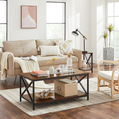 VASAGLE Coffee Table, Cocktail Table with Storage Shelf and X-Shape Steel Frame, Industrial Farmhouse Style, 39.4 x 21.7 x 17.7 Inches, Rustic Brown and Black ULCT200B01V1 — Rustic Brown + Black (4)