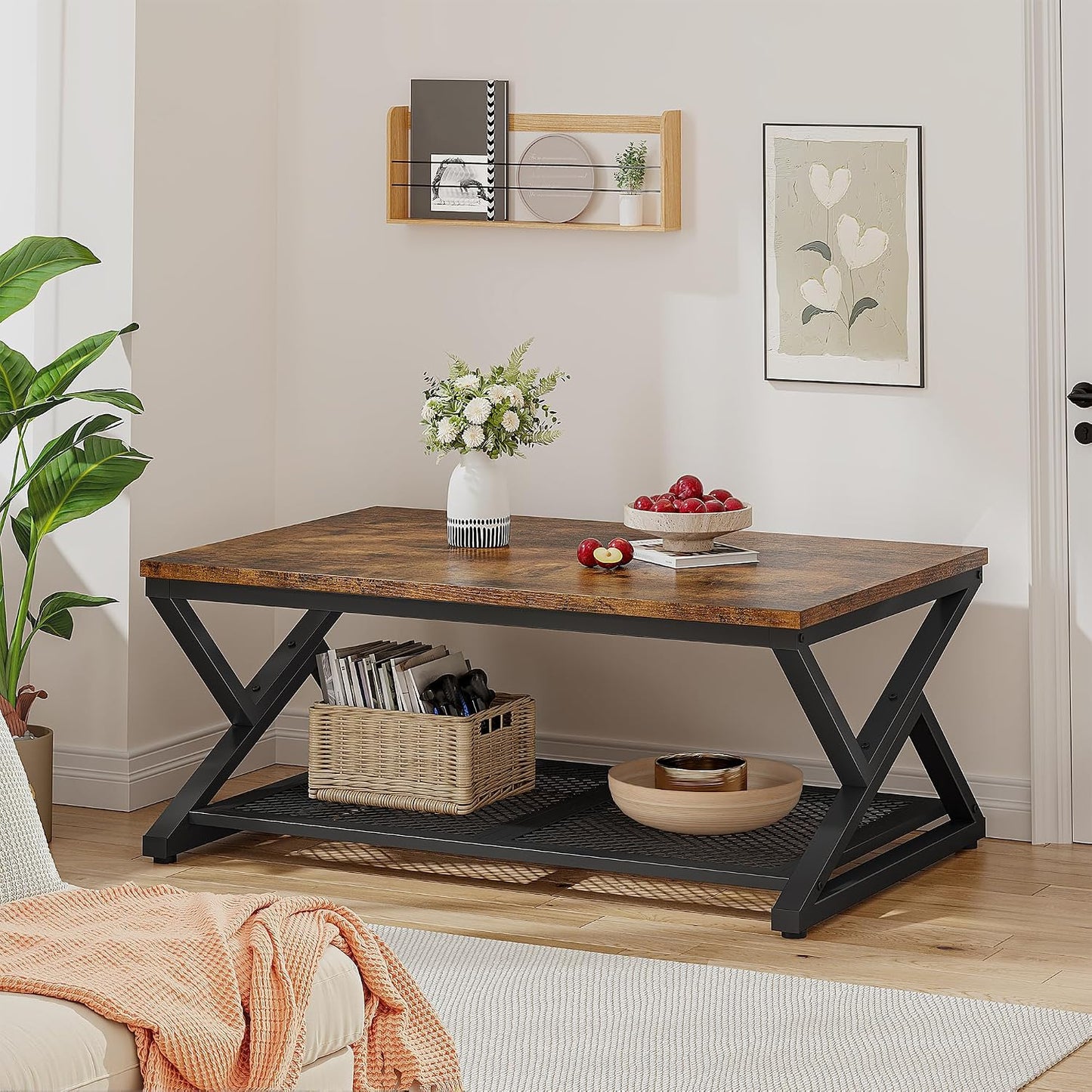 EnHomee Coffee Table with Storage & Shelf for Living Room, Rustic Brown | Families, Wood & Metal, Holds Magazines & Drinks, Industrial Design — Rustic Brown / 39.4 Inch (8)