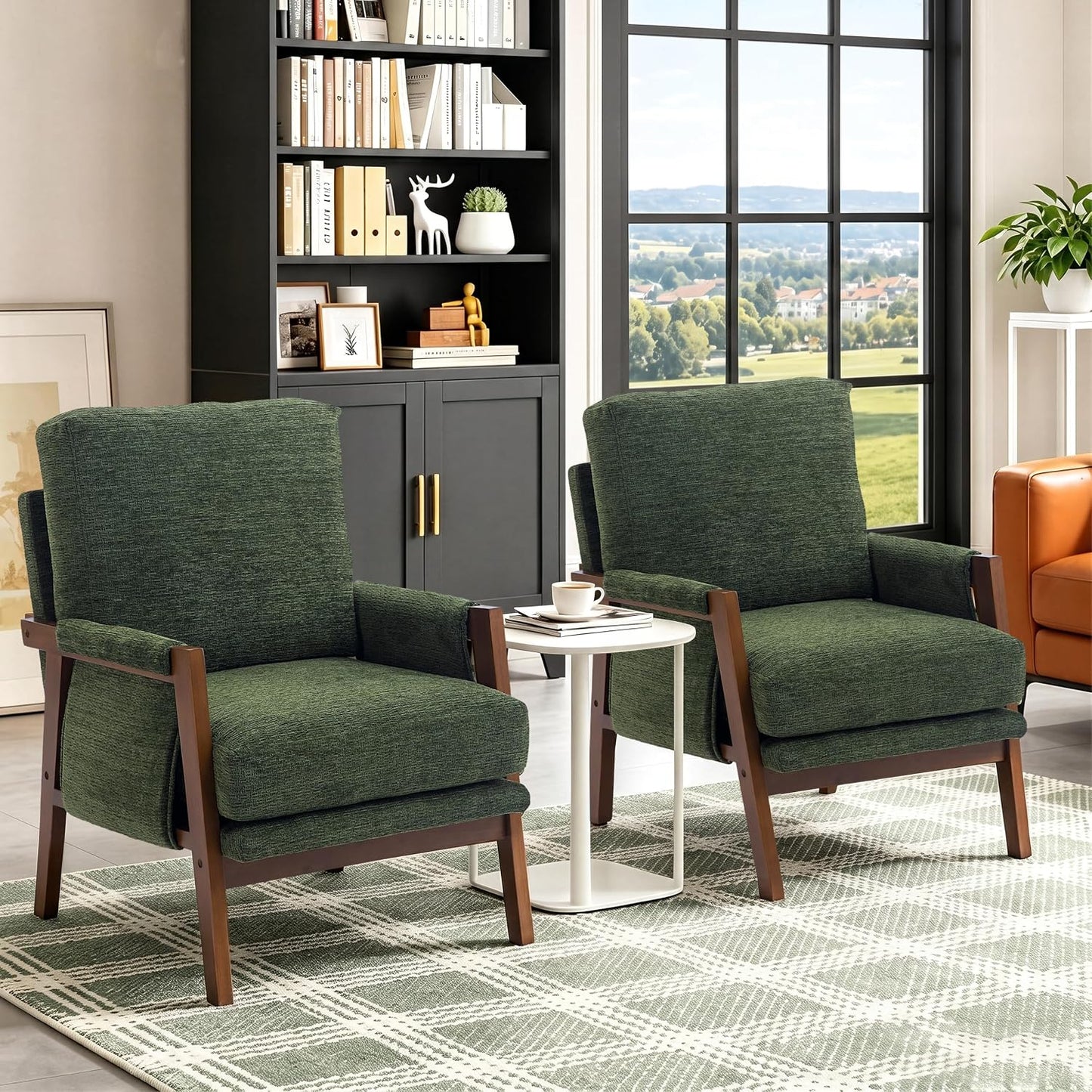 RNKSFX Cream Accent Chair for Bedroom & Living Room, Mid Century Modern Accent Arm Chair, Upholstered Anthropologie Accent Chair with Solid Wood Frame, Fabric — 1 / Green