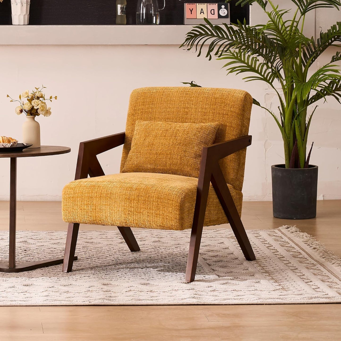 Mid-Century Modern Accent Chair with Solid Wood Frame，Upholstered Chenille Living Room Arm Chairs with Pillow for Bedroom, Living Room, Balcony, Reading Room, Green — 1 / Orange