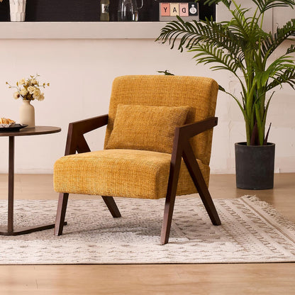 Mid-Century Modern Accent Chair with Solid Wood Frame，Upholstered Chenille Living Room Arm Chairs with Pillow for Bedroom, Living Room, Balcony, Reading Room, Green — 1 / Orange