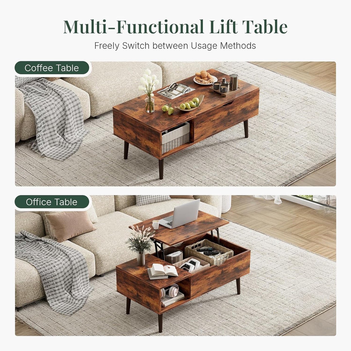 Wood Lift Top Coffee Table with Hidden Storage Compartment & Open Shelf, Multi-Functional Wooden Tabletop Dining Table for Living Room, Home Small Space — Rustic Brown / 39 Inches (7)