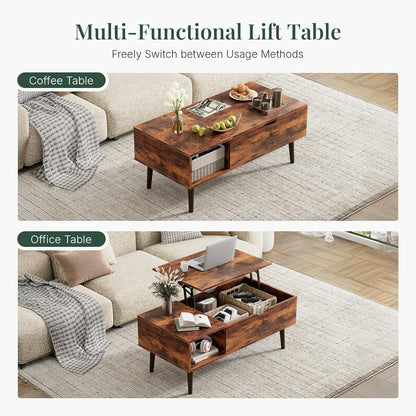 Wood Lift Top Coffee Table with Hidden Storage Compartment & Open Shelf, Multi-Functional Wooden Tabletop Dining Table for Living Room, Home Small Space — Rustic Brown / 39 Inches (7)