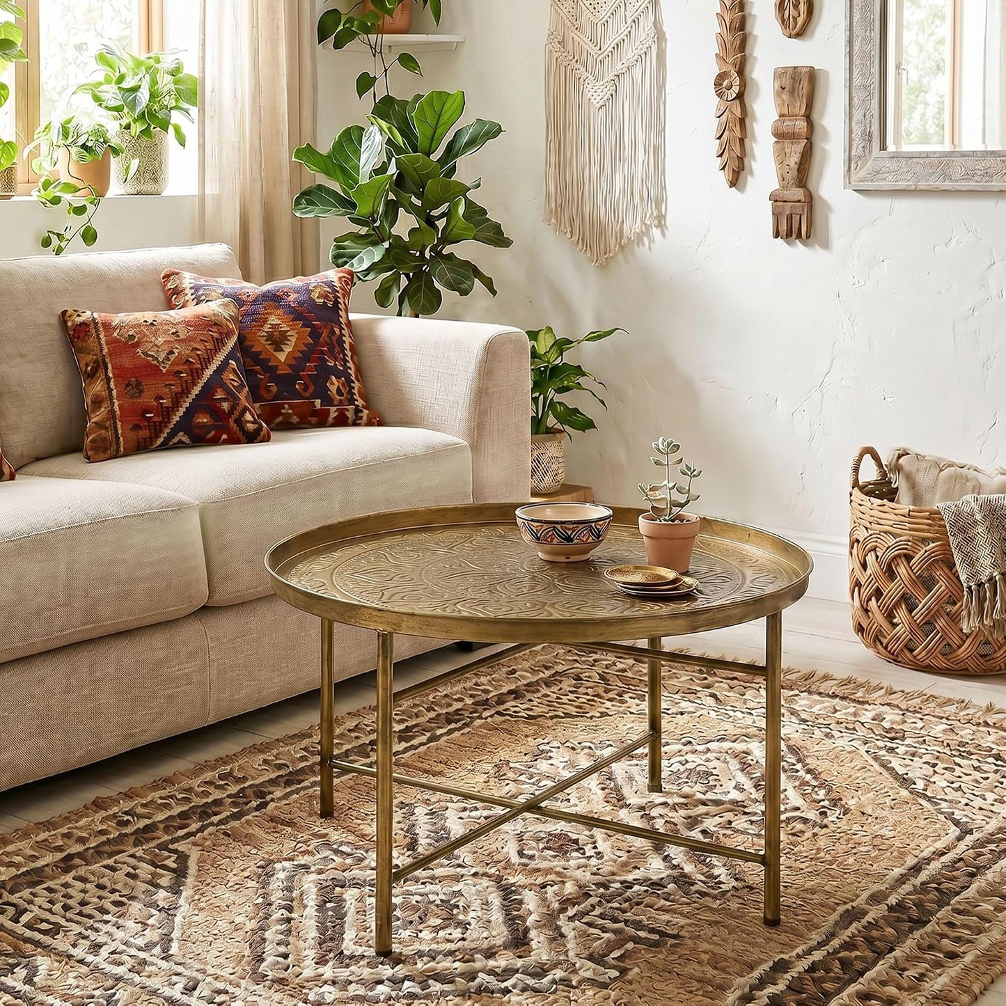 HOMCOM 24" Round Coffee Table with Hammered Tray Top, Vintage Metal Center Table for Living Room, Bedroom, Side Table, Gold — Gold (2)
