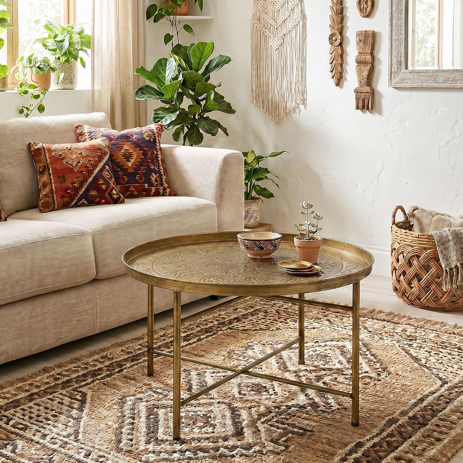 HOMCOM 24" Round Coffee Table with Hammered Tray Top, Vintage Metal Center Table for Living Room, Bedroom, Side Table, Gold — Gold (2)