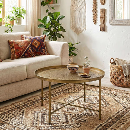HOMCOM 24" Round Coffee Table with Hammered Tray Top, Vintage Metal Center Table for Living Room, Bedroom, Side Table, Gold — Gold (2)