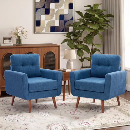Tbfit Linen Fabric Single Sofa, Accent Chair, Mid Century Modern Armchair for Living Room, Bedroom Button Tufted Upholstered Comfy Reading Sofas, Beige — Single*2 / Blue