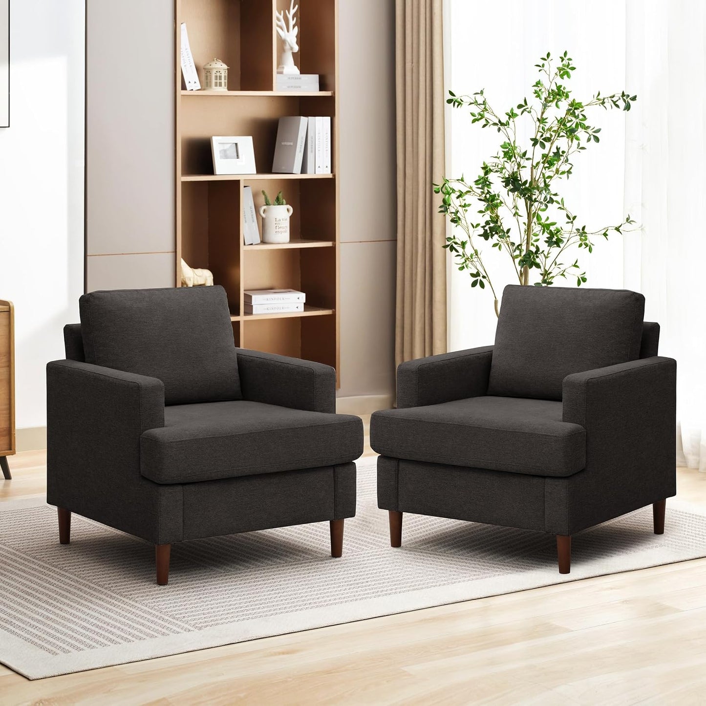 Weture Mid-Century Accent Chair,Modern Linen Fabric Armchair for Living Room,Comfy Upholstered Reading Accent Chairs for Bedroom,Single Sofa Chair with Wood Legs (Beige, 1 Pack)