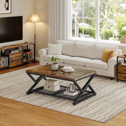 EnHomee Coffee Table with Storage & Shelf for Living Room, Rustic Brown | Families, Wood & Metal, Holds Magazines & Drinks, Industrial Design — Rustic Brown / 39.4 Inch (9)
