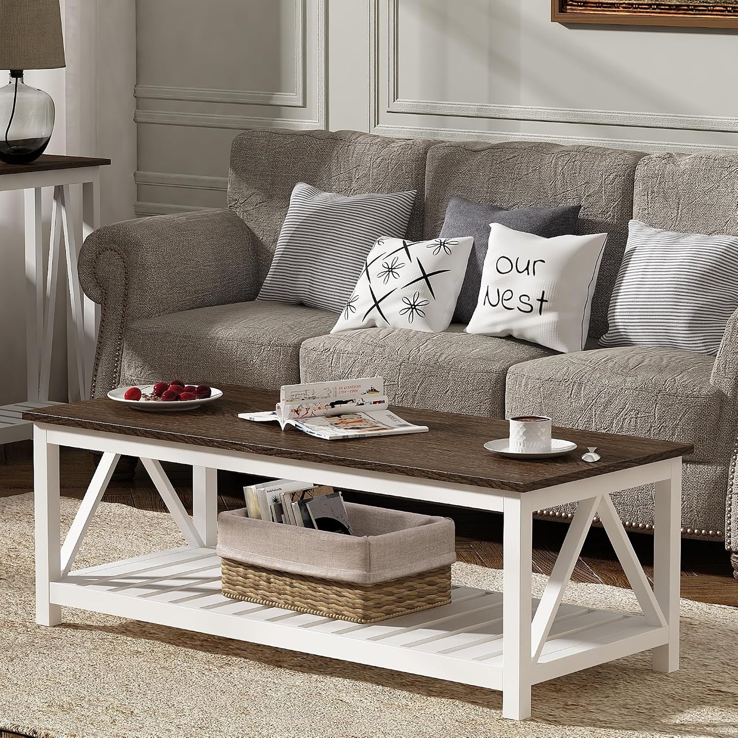 ChooChoo Farmhouse Coffee Table, Rustic Vintage Living Room Table with Shelf, 40 White — White / 47 Inches