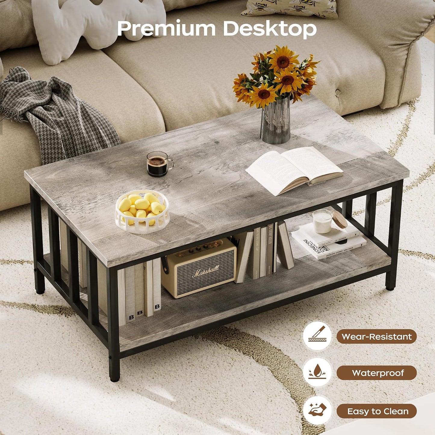 Homeiju Coffee Table for Living Room with Slatted Sides Frame, Modern Farmhouse Living Room Table with 2-Tier Storage Shelf for Home Office, Apartment, Grey Wash, 39 inch — 39.4L*21.6W*18.1H / Grey Wash (6)