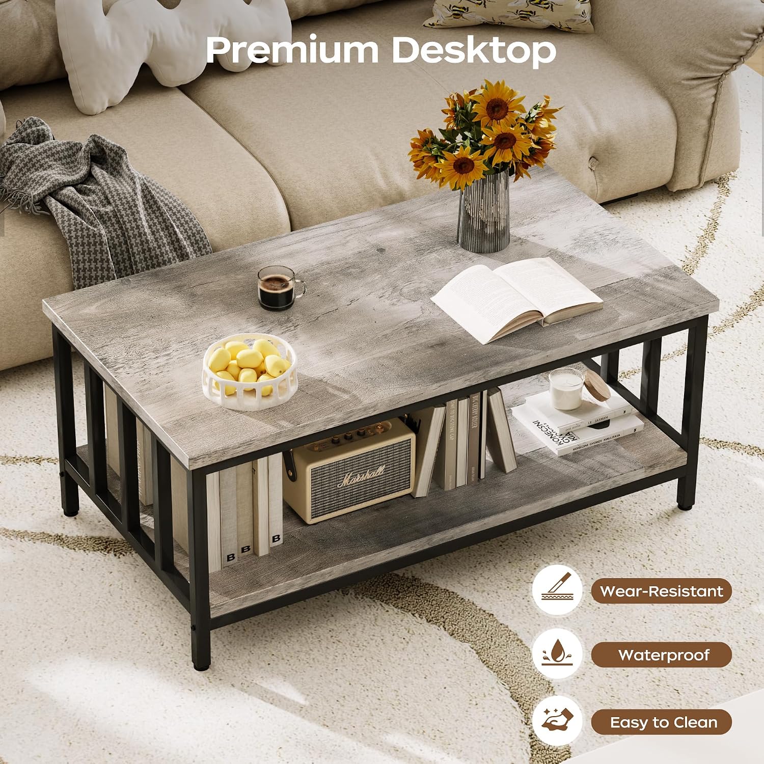 Homeiju Coffee Table for Living Room with Slatted Sides Frame, Modern Farmhouse Living Room Table with 2-Tier Storage Shelf for Home Office, Apartment, Grey Wash, 39 inch — 39.4L*21.6W*18.1H / Grey Wash (6)