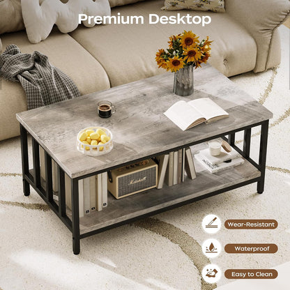 Homeiju Coffee Table for Living Room with Slatted Sides Frame, Modern Farmhouse Living Room Table with 2-Tier Storage Shelf for Home Office, Apartment, Grey Wash, 39 inch — 39.4L*21.6W*18.1H / Grey Wash (6)
