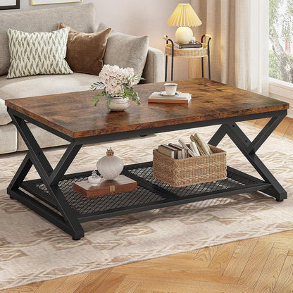 EnHomee Coffee Table with Storage & Shelf for Living Room, Rustic Brown | Families, Wood & Metal, Holds Magazines & Drinks, Industrial Design — Rustic Brown / 39.4 Inch