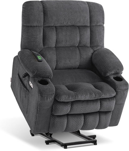 MCombo Dual Motor Power Lift Recliner Chair with Massage and Heat for Elderly People, Infinite Position, USB Ports, Cup Holders, Fabric 7890 (Medium, Dark Gray)