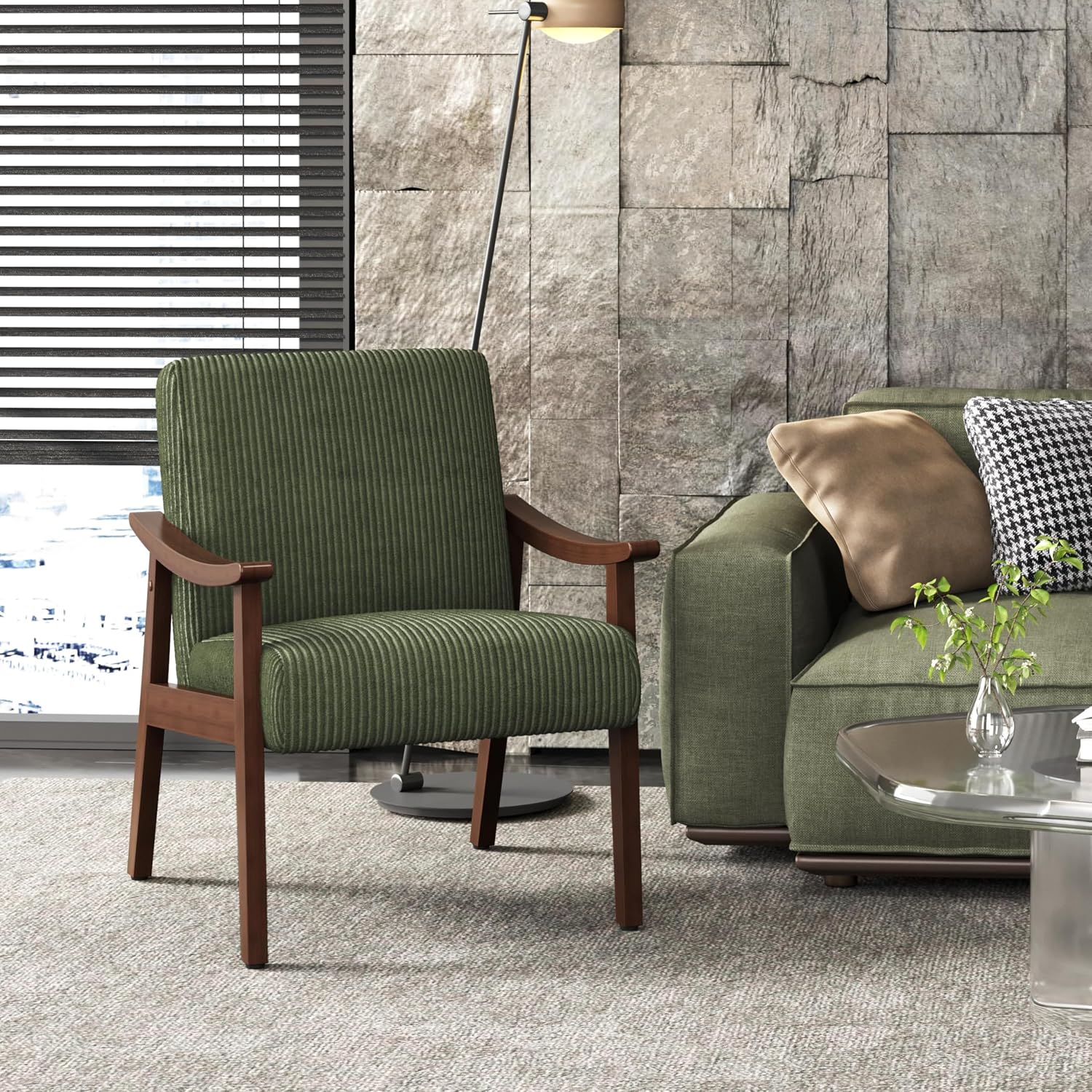 Yaheetech Corduroy Accent Chair, Mid-Century Modern Armchair with Solid Wood Legs, Reading Leisure Chair with High Back for Living Room Bedroom Waiting Room Dark Green — Dark Green / Corduroy Fabric (2)