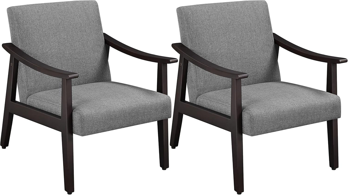 Yaheetech Faux Leather Accent Chair, Mid-Century Modern Armchair with Solid Wood Legs, Reading Leisure Chair with High Back for Living Room Bedroom Waiting Room, Set of 2, Brown — Grey / Linen