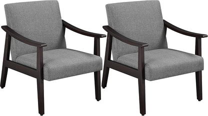 Yaheetech Faux Leather Accent Chair, Mid-Century Modern Armchair with Solid Wood Legs, Reading Leisure Chair with High Back for Living Room Bedroom Waiting Room, Set of 2, Brown — Grey / Linen
