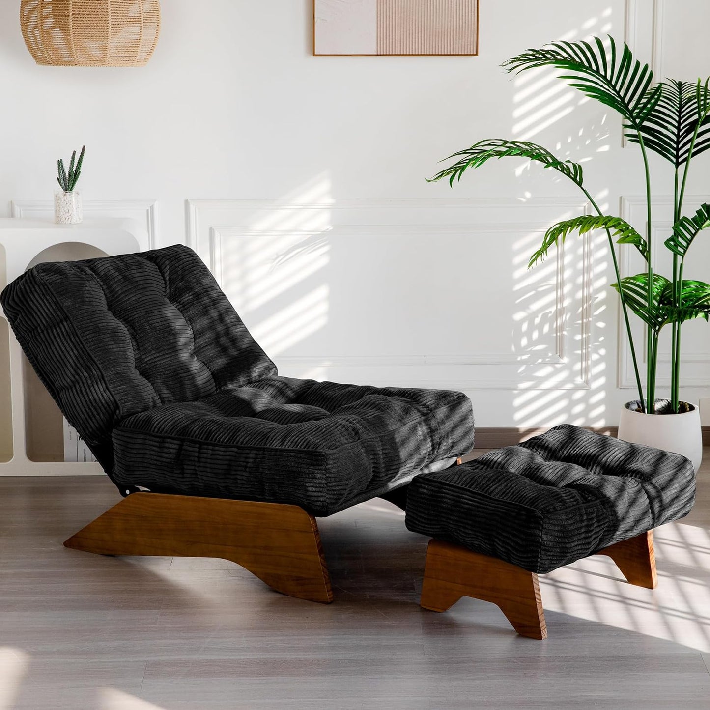 MAXYOYO Accent Chair with Ottoman Adjustable Backrest, Tufted Living Room Chair Upholstered Lounge Chair with Footrest Set, Modern Chair Cozy Reclining Chair for Reading Room, Green — Corded-black / Large