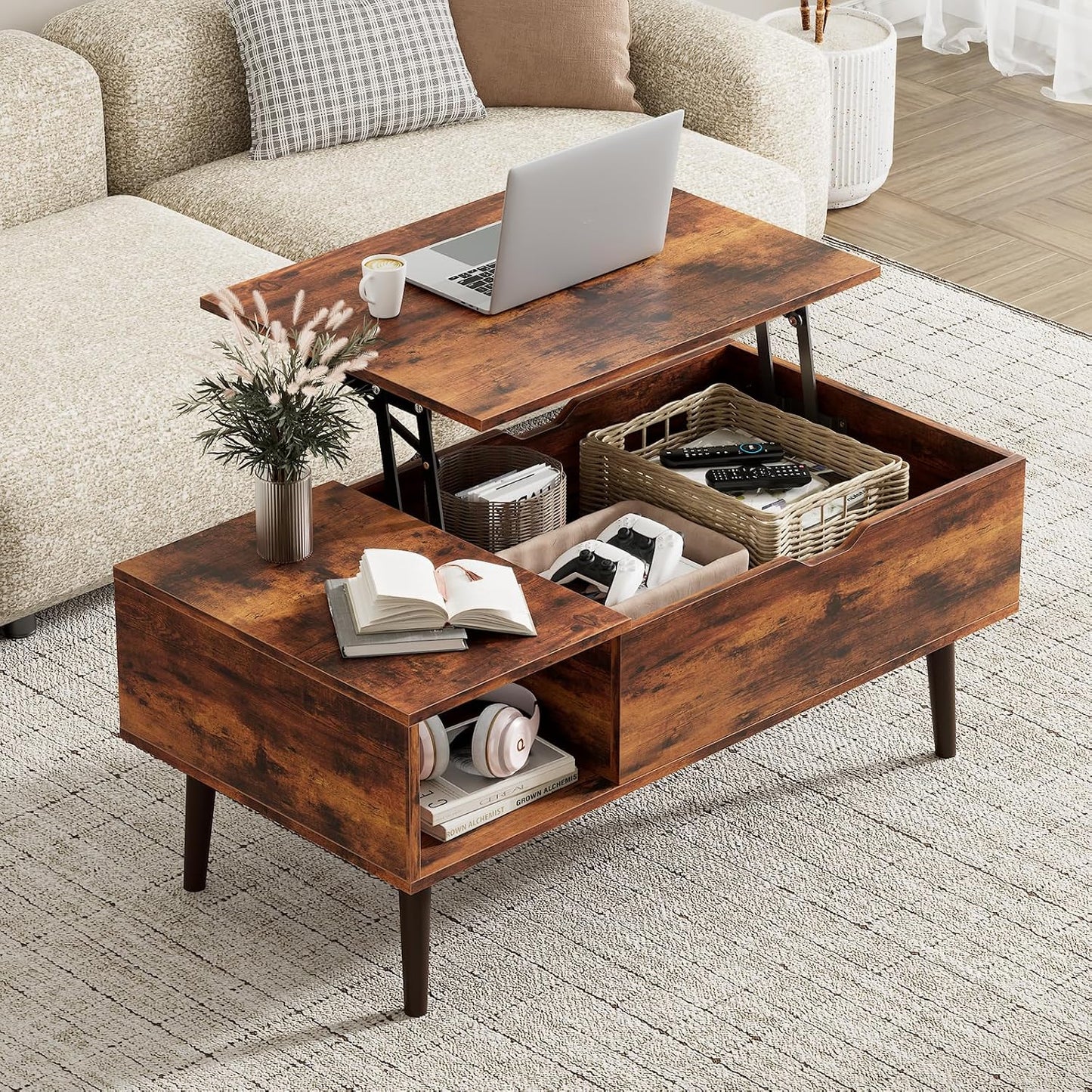 Wood Lift Top Coffee Table with Hidden Storage Compartment & Open Shelf, Multi-Functional Wooden Tabletop Dining Table for Living Room, Home Small Space — Rustic Brown / 39 Inches